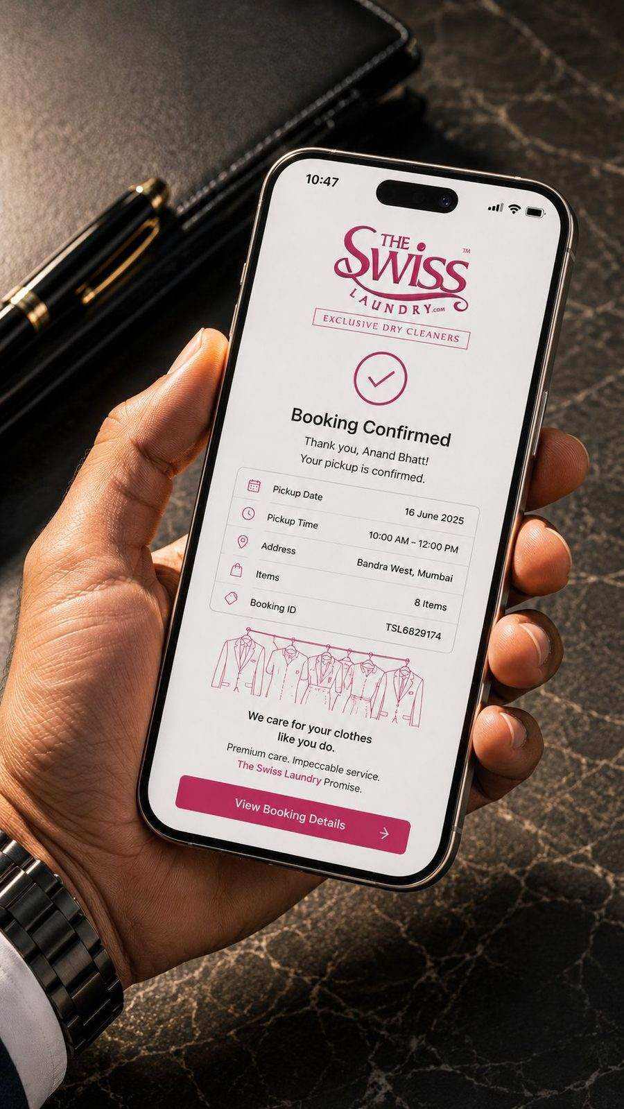 Booking app confirmation — The Swiss Laundry Kolkata