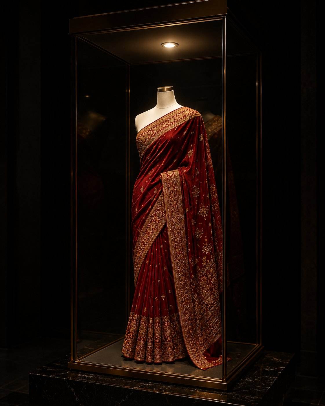 Heirloom silk saree with gold zari embroidery displayed in a museum-quality glass case — The Swiss Laundry Kolkata