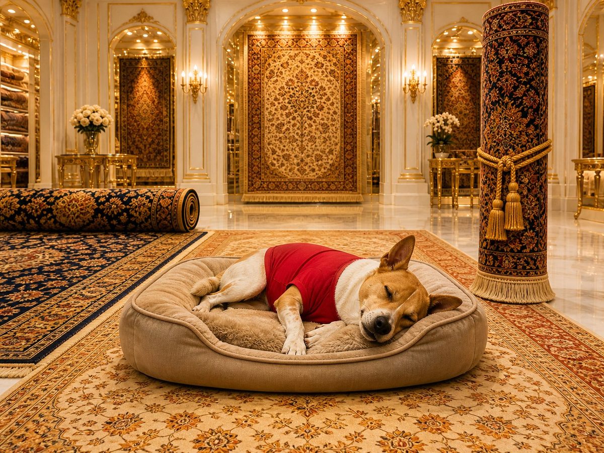 Dog on luxury carpet bed — The Swiss Laundry pet garment care Kolkata