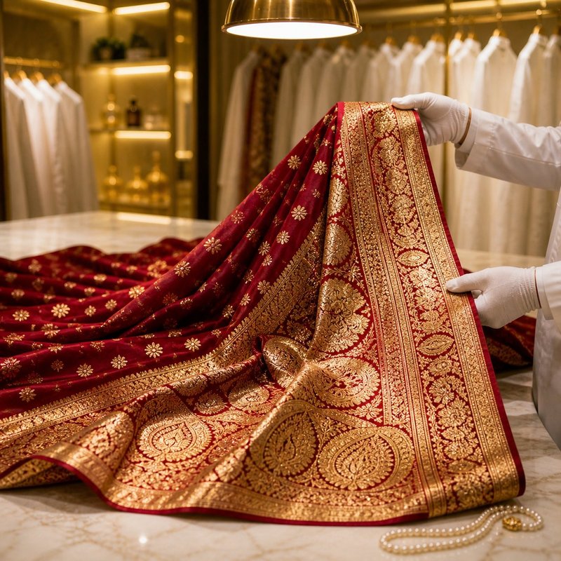 Dry cleaning specialist carefully examining a Banarasi silk saree — The Swiss Laundry