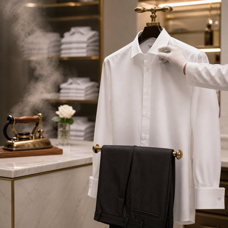 Professional laundry service — perfectly pressed white shirt and trousers — The Swiss Laundry